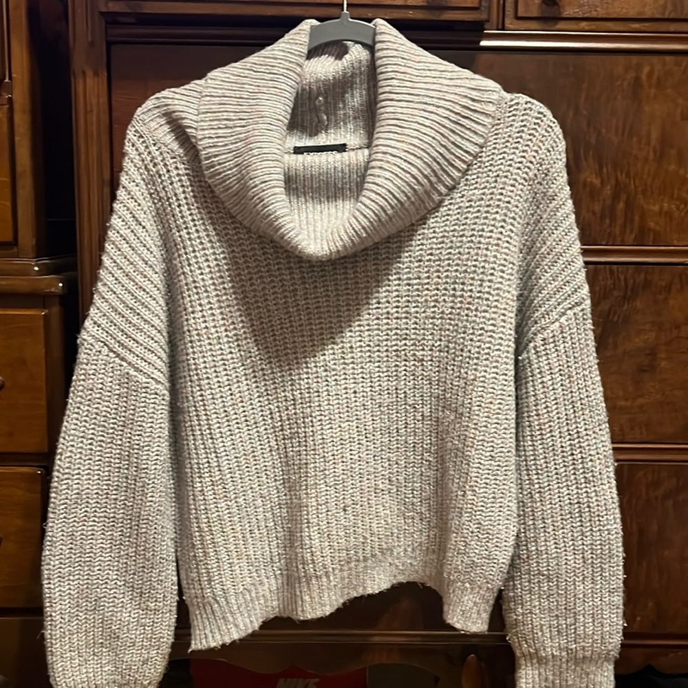 Purple multi, metallic, cowl neck sweater.